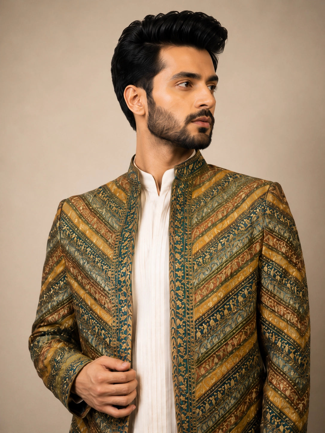 Elegant M.Green Indowestern ensemble featuring intricate details, perfect for festive celebrations.