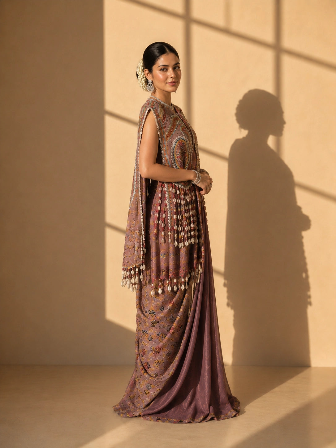 Woman in elegant brown S3 printed saree with intricately embroidered sleeveless jacket.