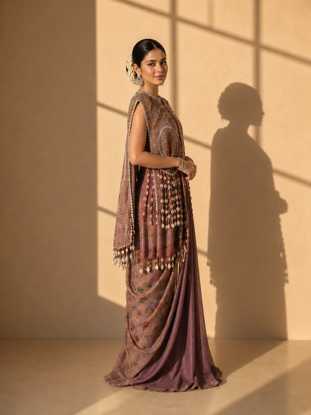 Woman in elegant brown S3 printed saree with intricately embroidered sleeveless jacket.