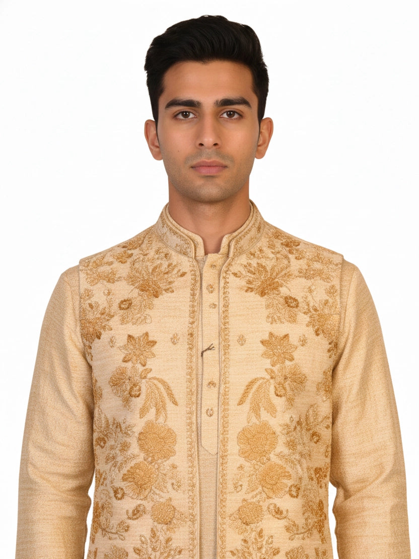 Man wearing a beige embroidered kurta jacket set with golden floral patterns, suitable for festive occasions.