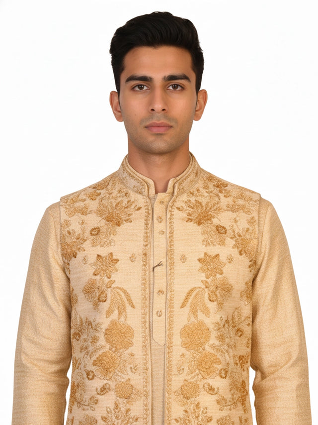 Man wearing a beige embroidered kurta jacket set with golden floral patterns, suitable for festive occasions.