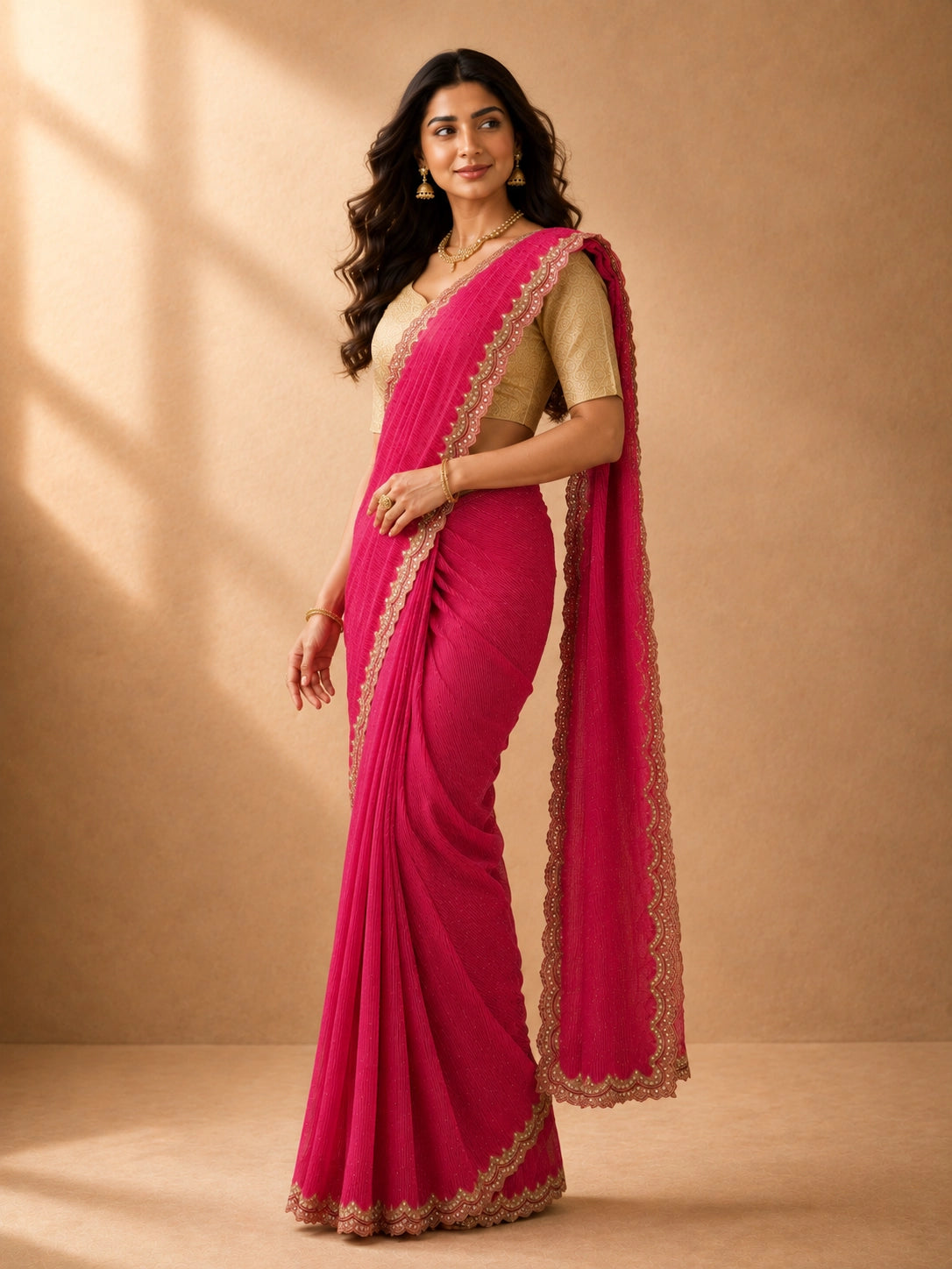 Woman wearing a vibrant rani pink  saree with a golden blouse and embellished border.