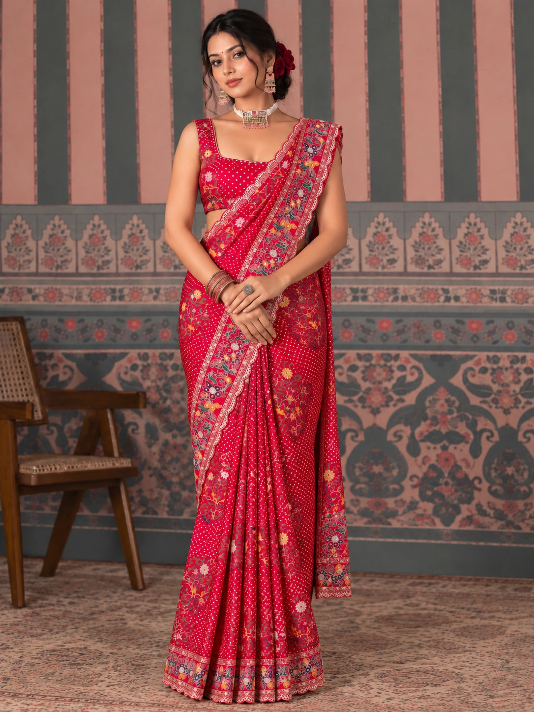Woman in a vibrant red  saree with intricate floral embroidery and polka dot pattern.