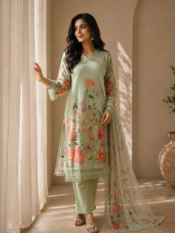 A woman models a green floral embroidered Kurti Set with matching pants and a dupatta, featuring delicate lace trim.