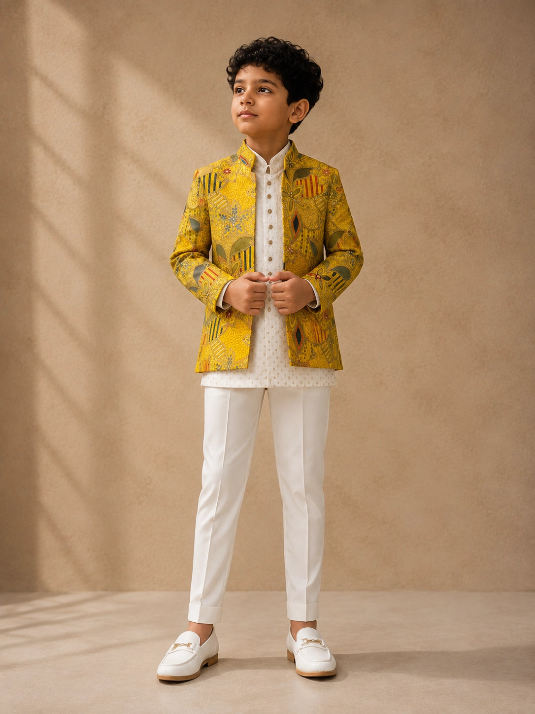 Young boy wearing a mustard patterned bandhgala jacket, off-white kurta, and white trousers.