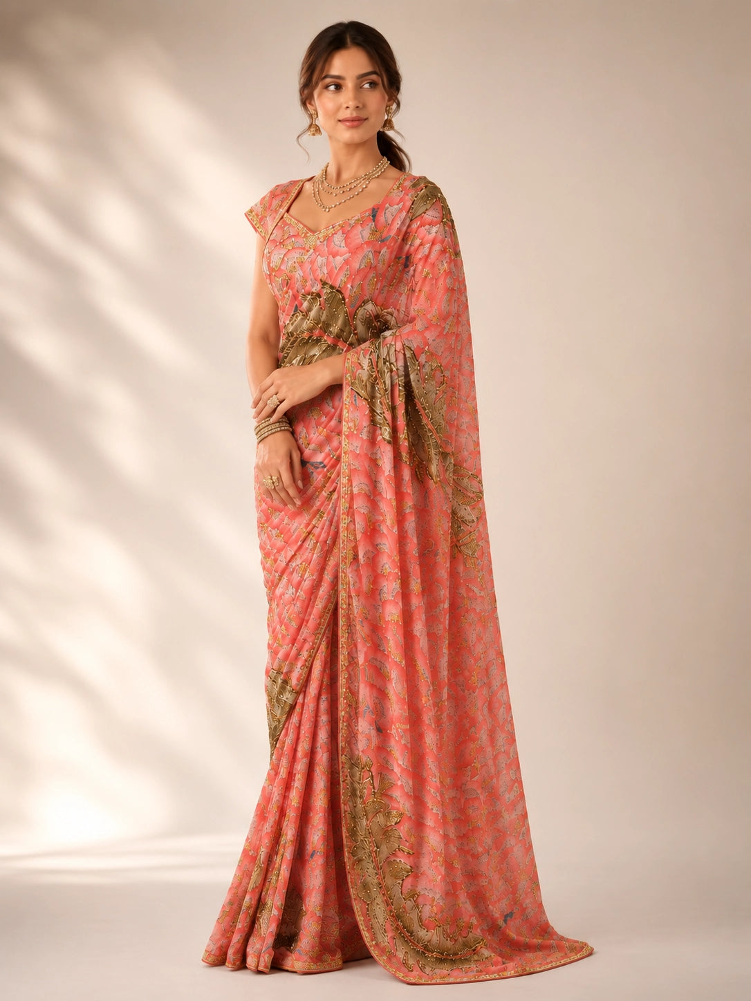 Woman in an elegant peach saree with intricate gold embroidery and matching blouse.