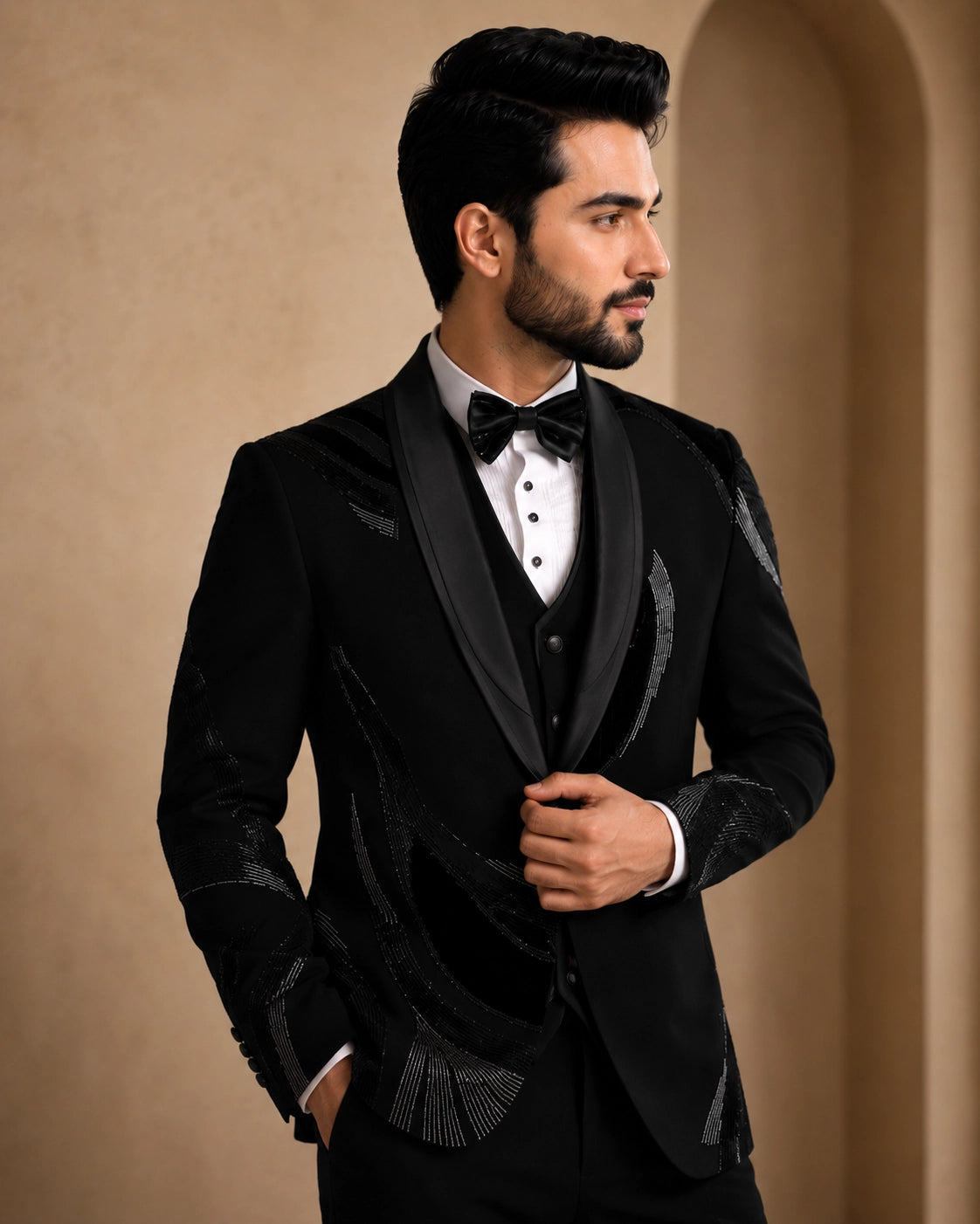 A classic black taxido suit for men, showcasing a sharp silhouette and elegant formal wear.