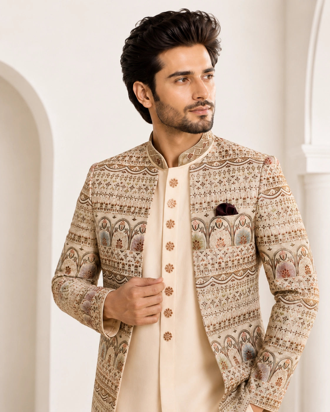 Man wearing an elegant beige Sherwani, showcasing intricate embroidery and a classic fit for formal events.