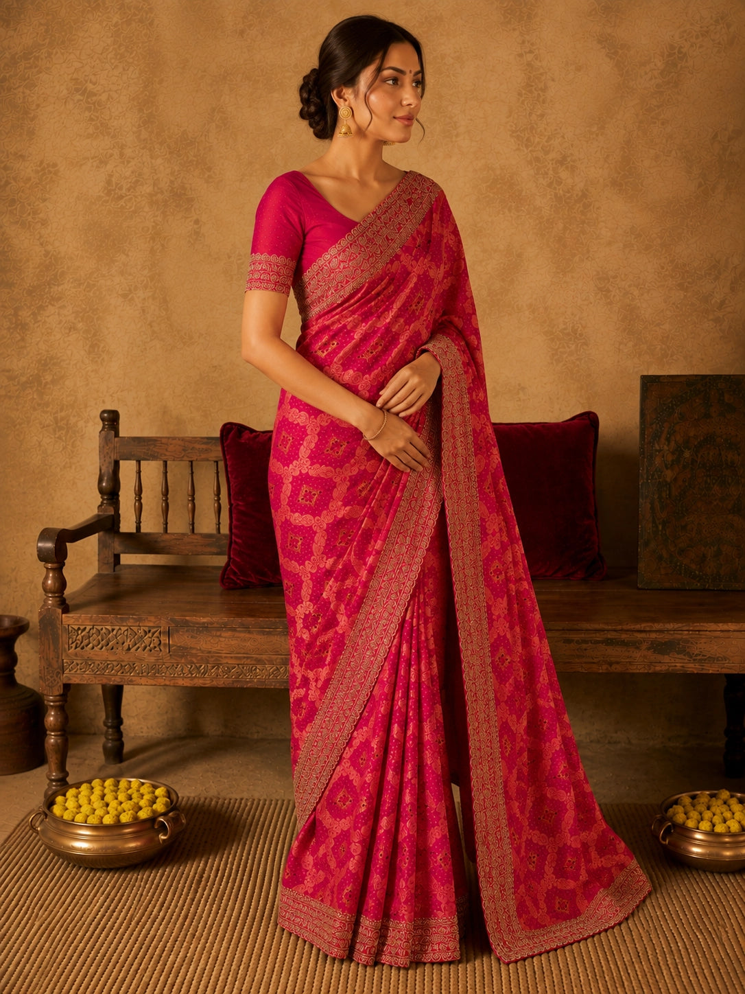 Elegant woman wearing a vibrant Rani Pink S3 saree with detailed gold zari work.