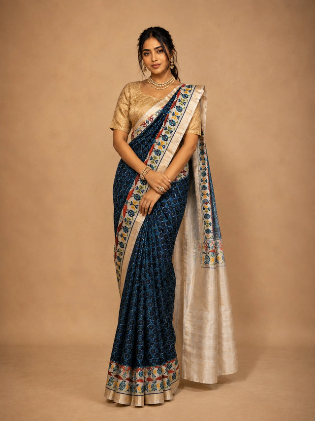 Woman in elegant navy blue  ikat saree with golden blouse and traditional jewelry.