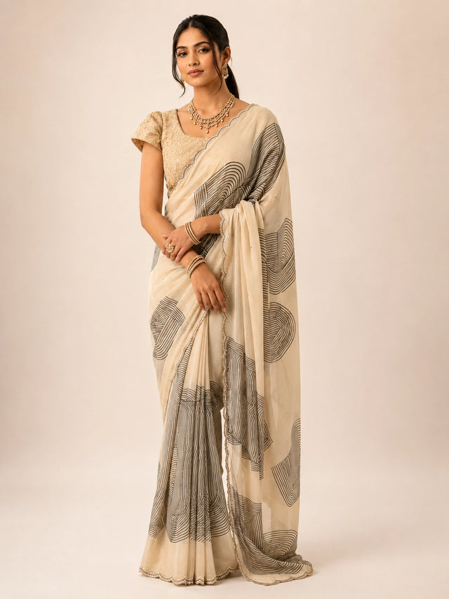 Woman in cream  saree with black abstract print and gold embellished blouse.