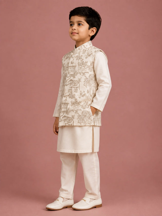 Young boy wearing an off-white embroidered bandhgala waistcoat over a kurta pajama.