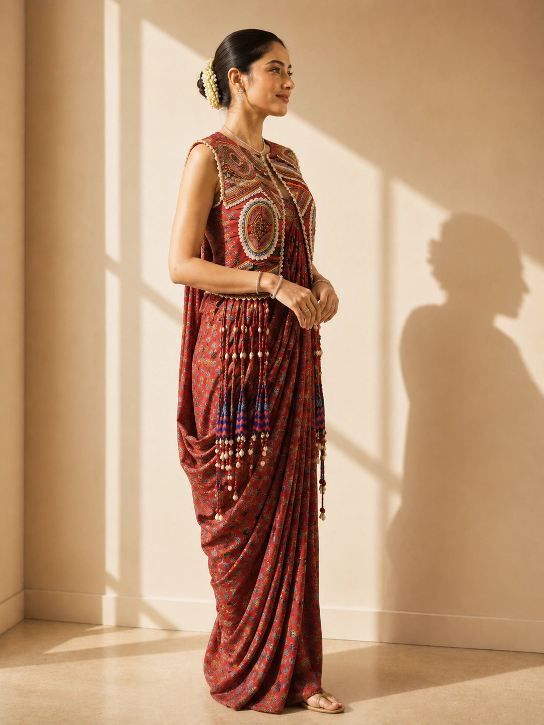 Woman wearing a red printed draped saree and an intricately embroidered sleeveless jacket.