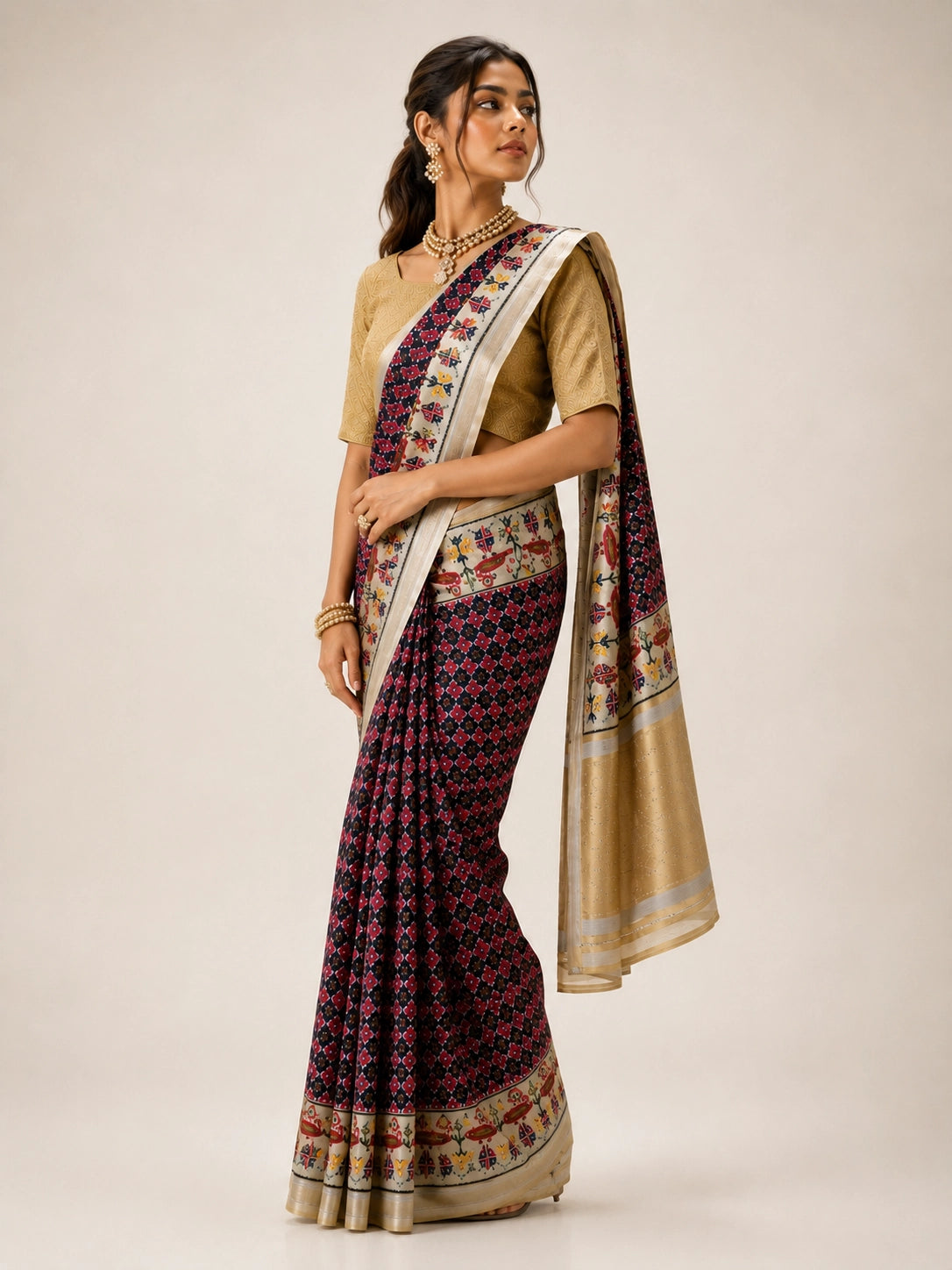 Woman wearing a purple ikat saree with a golden blouse and traditional jewelry.