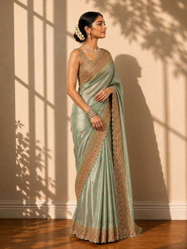Woman in elegant pista green S3 saree with intricate gold and pink embroidery.