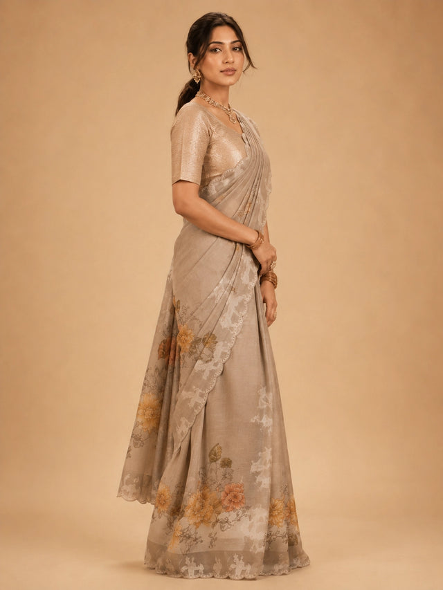 Woman wearing an elegant  peach floral saree with animal motifs and a golden blouse.