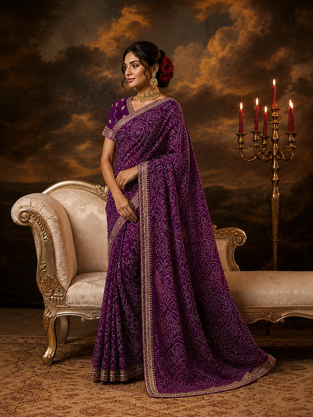 Woman in a vibrant purple Bandhani saree with gold borders and a matching embroidered blouse.