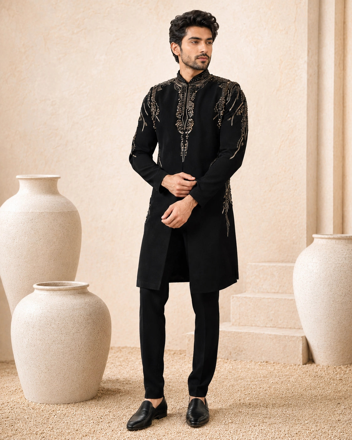 Man wearing a stylish black Indo-Western suit, showcasing intricate details and a modern fit.