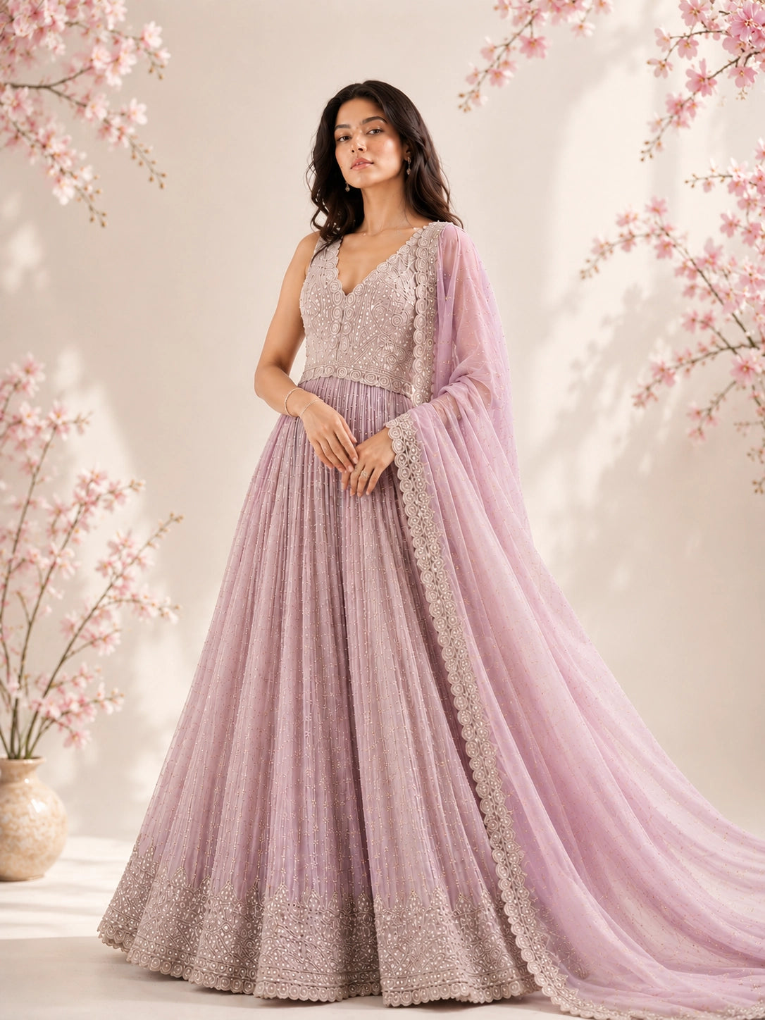 Model in a luxurious pink embroidered Anarkali gown with a flowing dupatta.