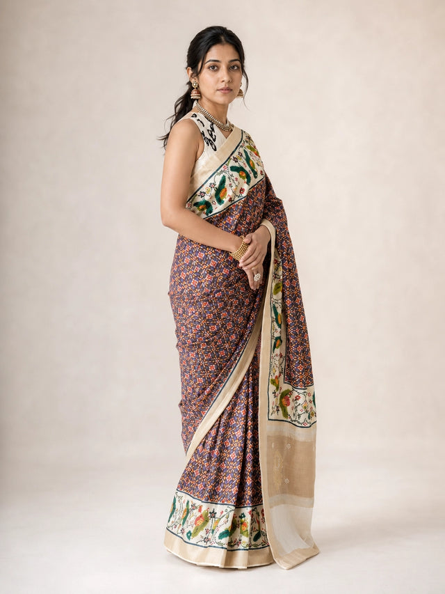 Woman in a purple  saree with intricate bird and floral patterns on pallu.