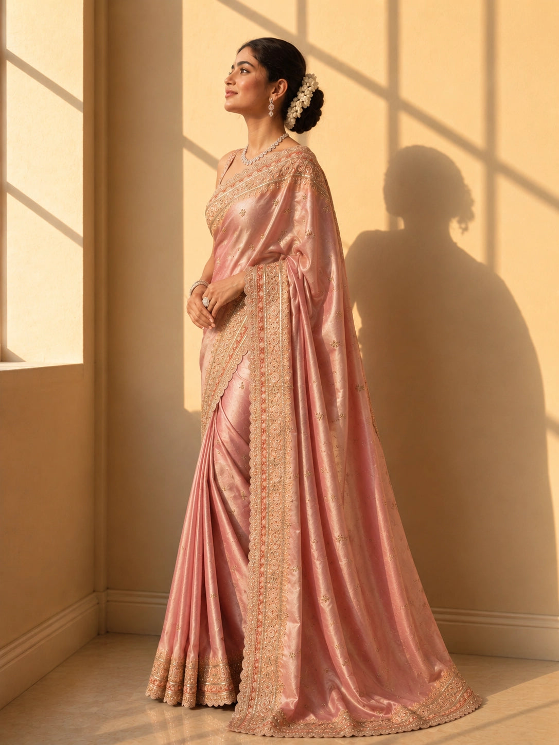 Woman elegantly draped in a shimmering onion pink saree with intricate gold embroidery.