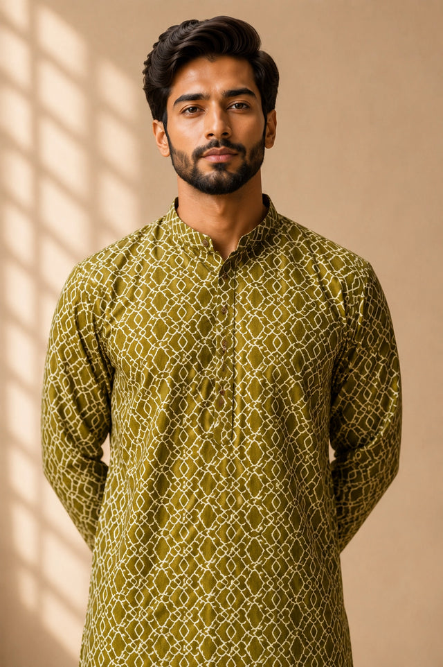 Man in a green patterned kurta with a band collar and white pajama.