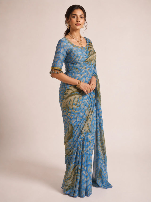 Woman wearing a sky blue  printed saree with olive feather patterns.