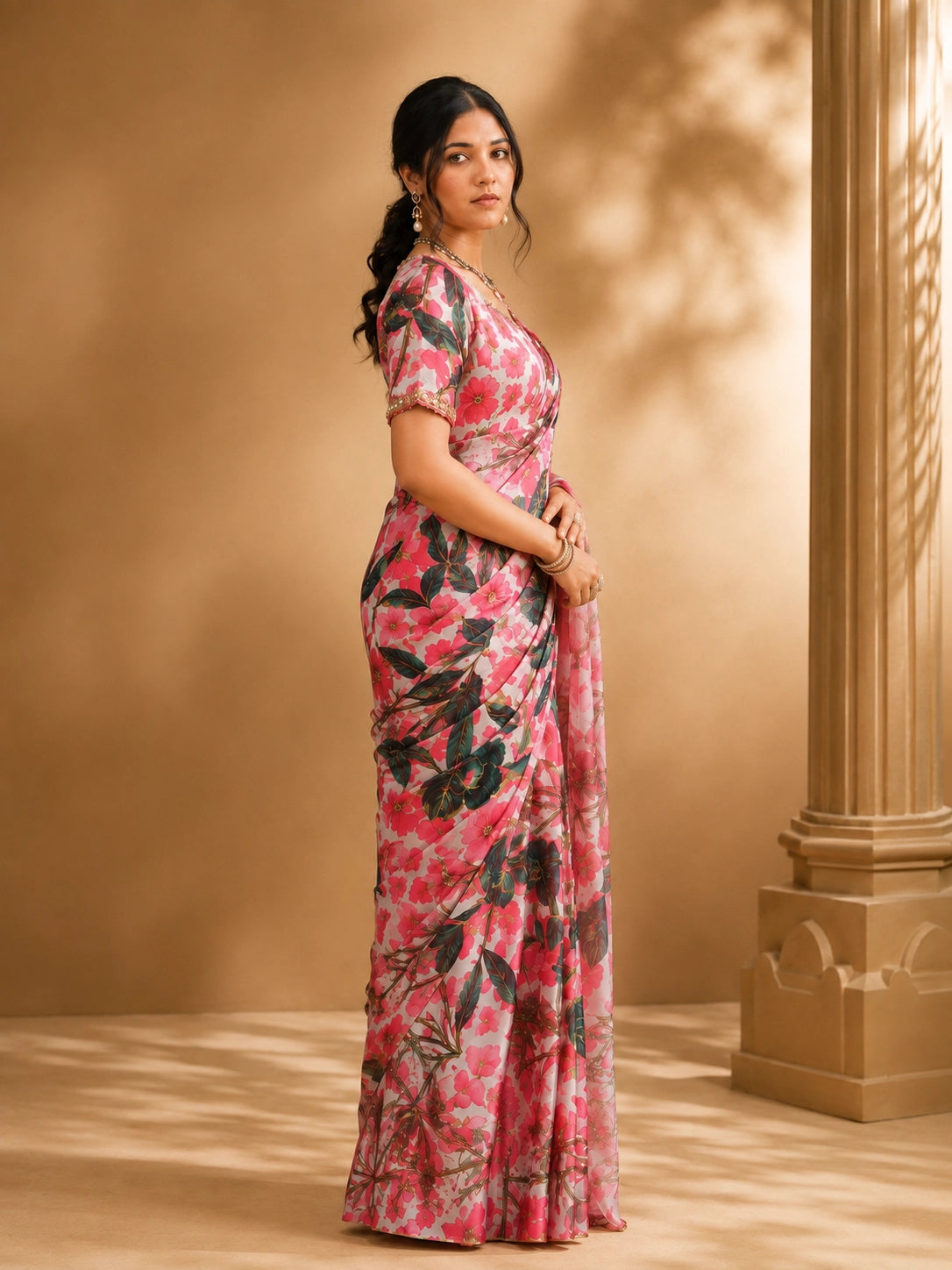 Woman wearing a vibrant pink floral saree with a matching blouse and traditional jewelry.