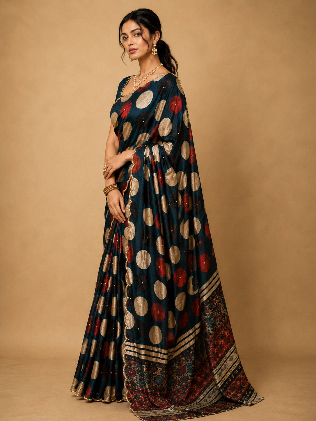 Elegant grey  saree with gold and red polka dots and scalloped border.