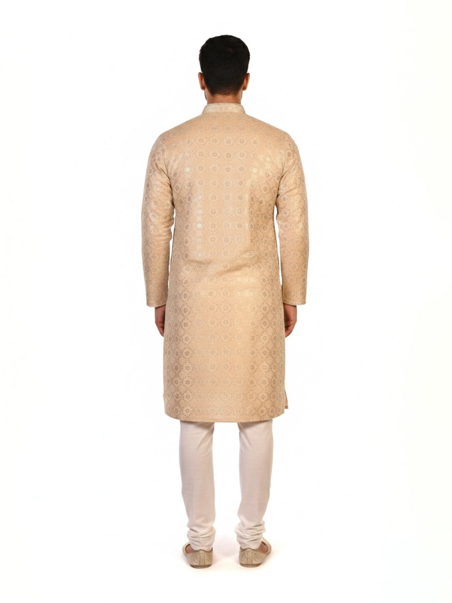 Man wearing a multi-color jacquard woven Kurta Pajama with a mandarin collar and matching pants.