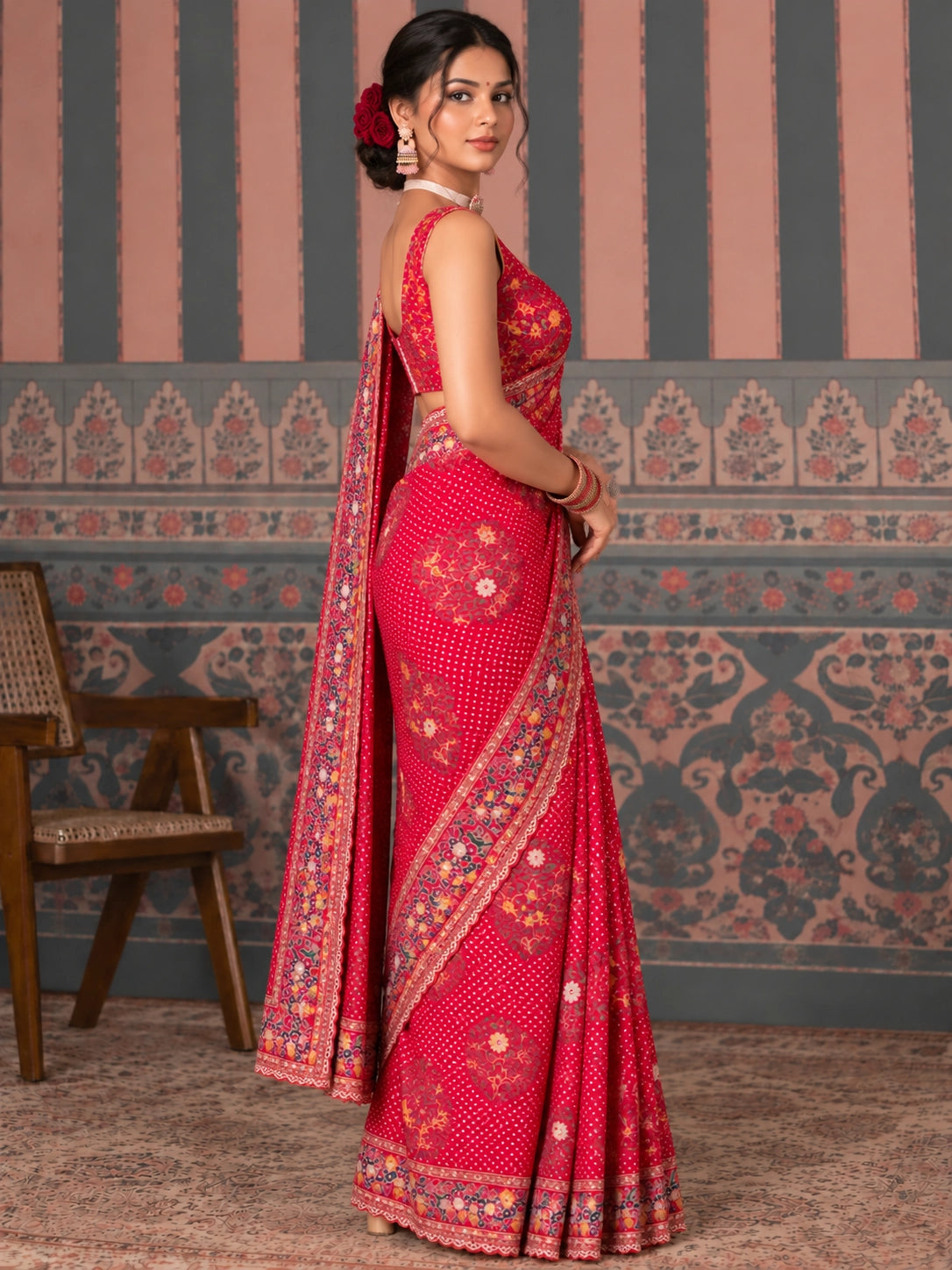 Woman in a vibrant red  saree with intricate floral embroidery and polka dot pattern.