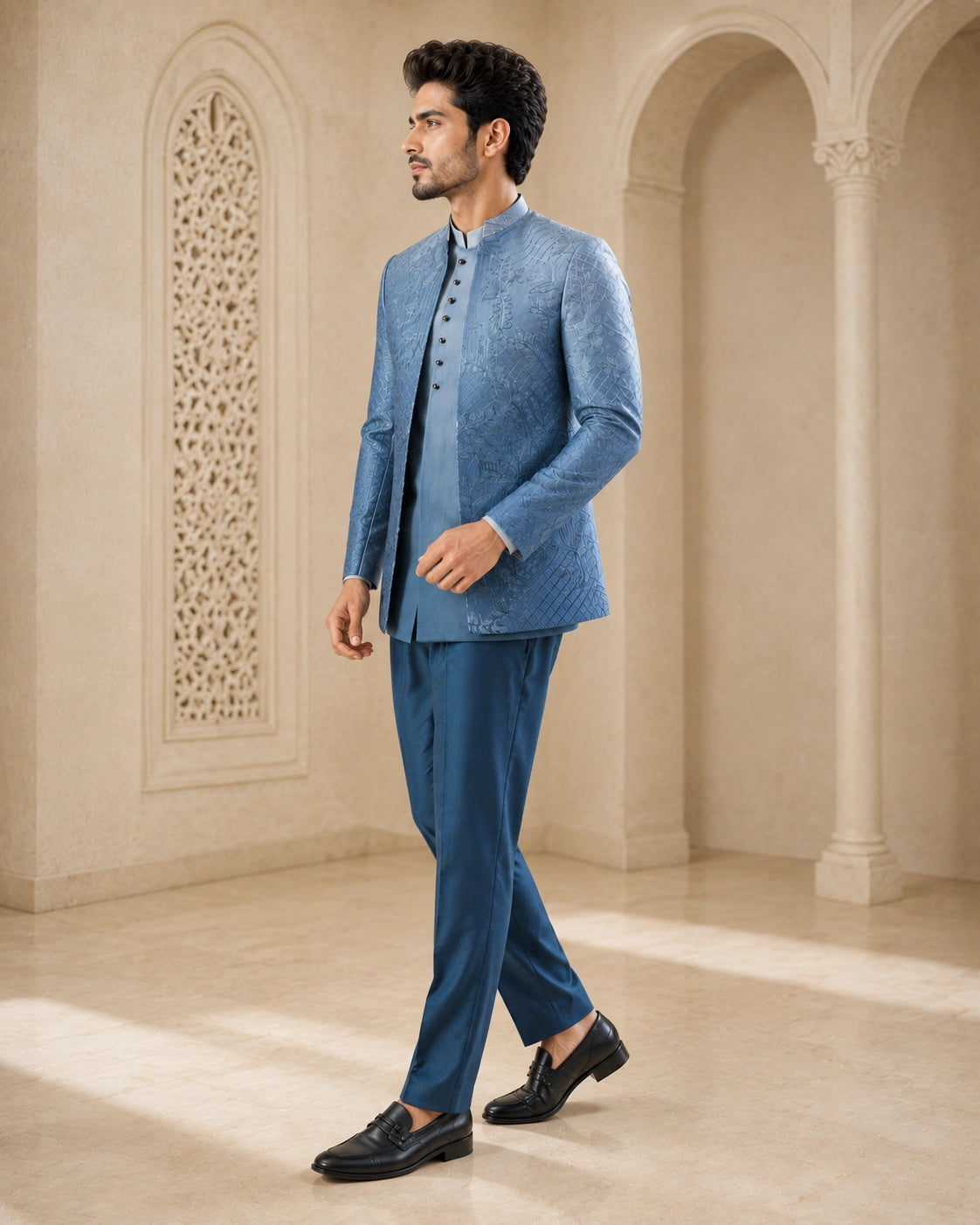 A woman wearing an elegant teal Indowestern outfit, showcasing intricate details and a flattering silhouette.