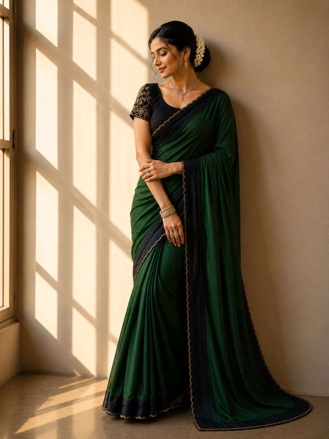 Elegant saree in grey with black scalloped border and gold trim.