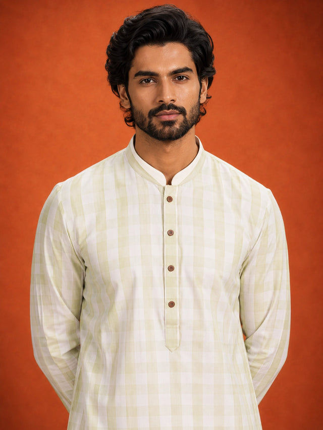Full-length view of a man in a pista green checkered kurta and white pajama.