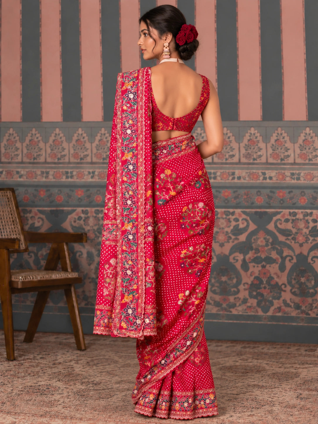 Woman in a vibrant red  saree with intricate floral embroidery and polka dot pattern.