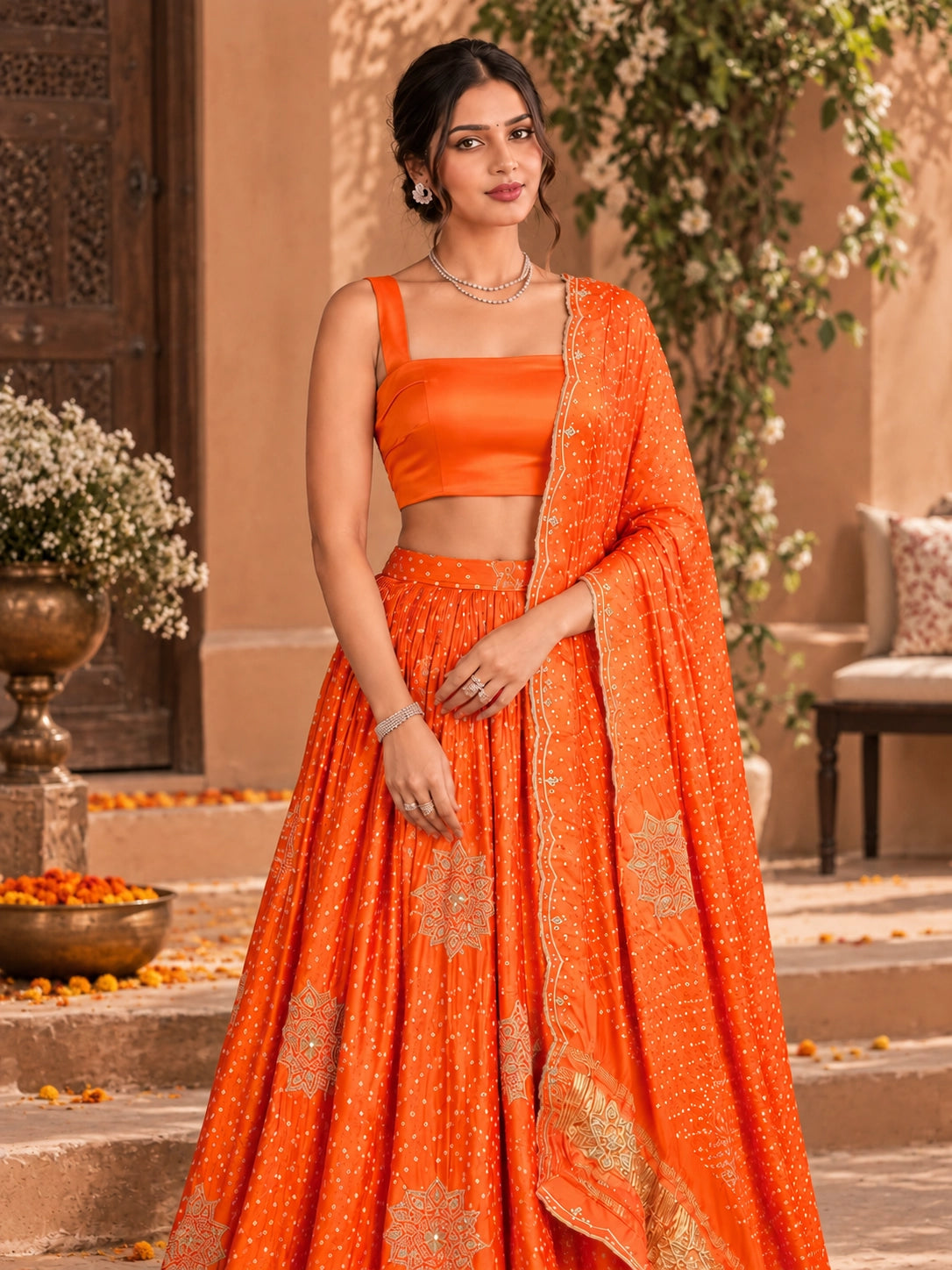 Woman wearing a vibrant rust orange embroidered lehenga choli set with a matching dupatta.