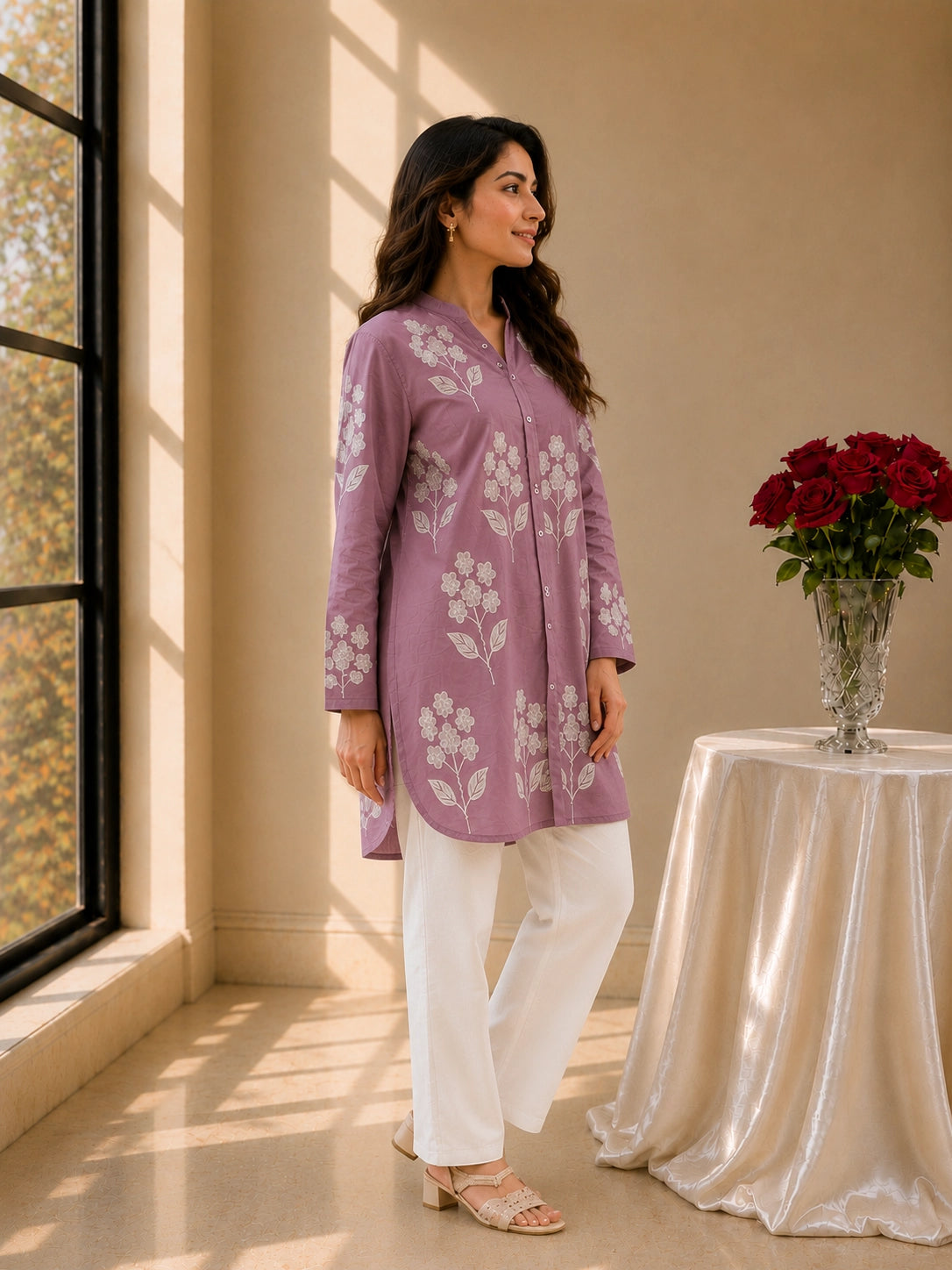 Smiling woman in a purple tunic with white floral embroidery and white pants.
