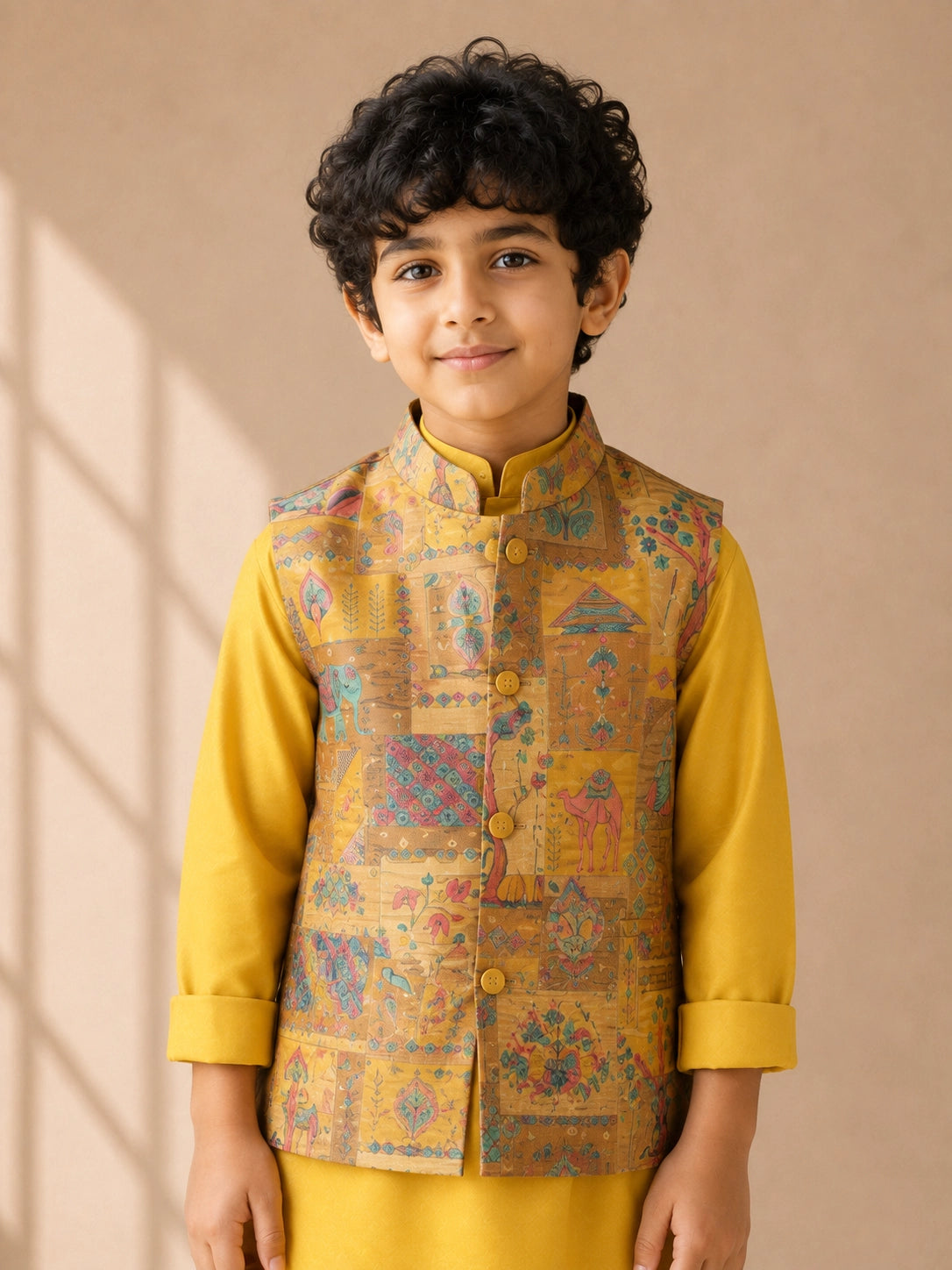 Young boy wearing a vibrant yellow kurta pajama and a colorful patterned Nehru jacket.