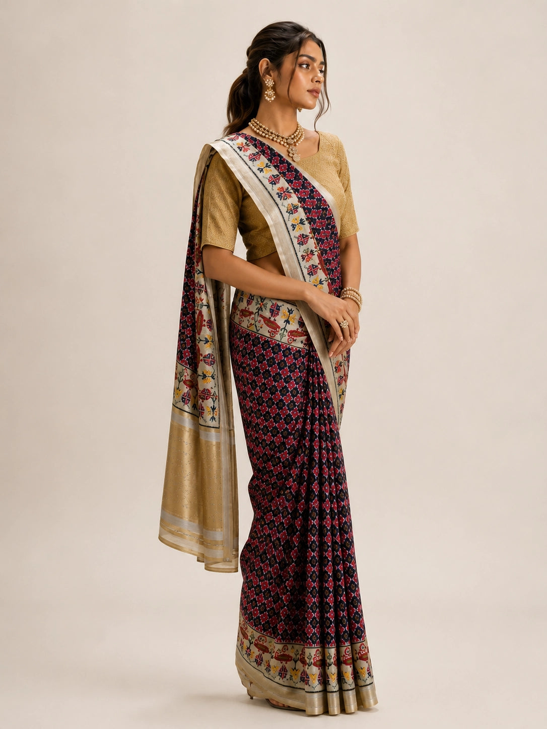 Woman wearing a purple ikat saree with a golden blouse and traditional jewelry.