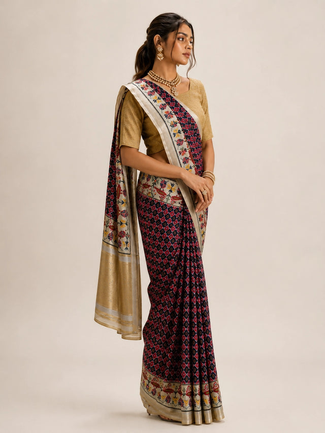 Woman wearing a purple ikat saree with a golden blouse and traditional jewelry.