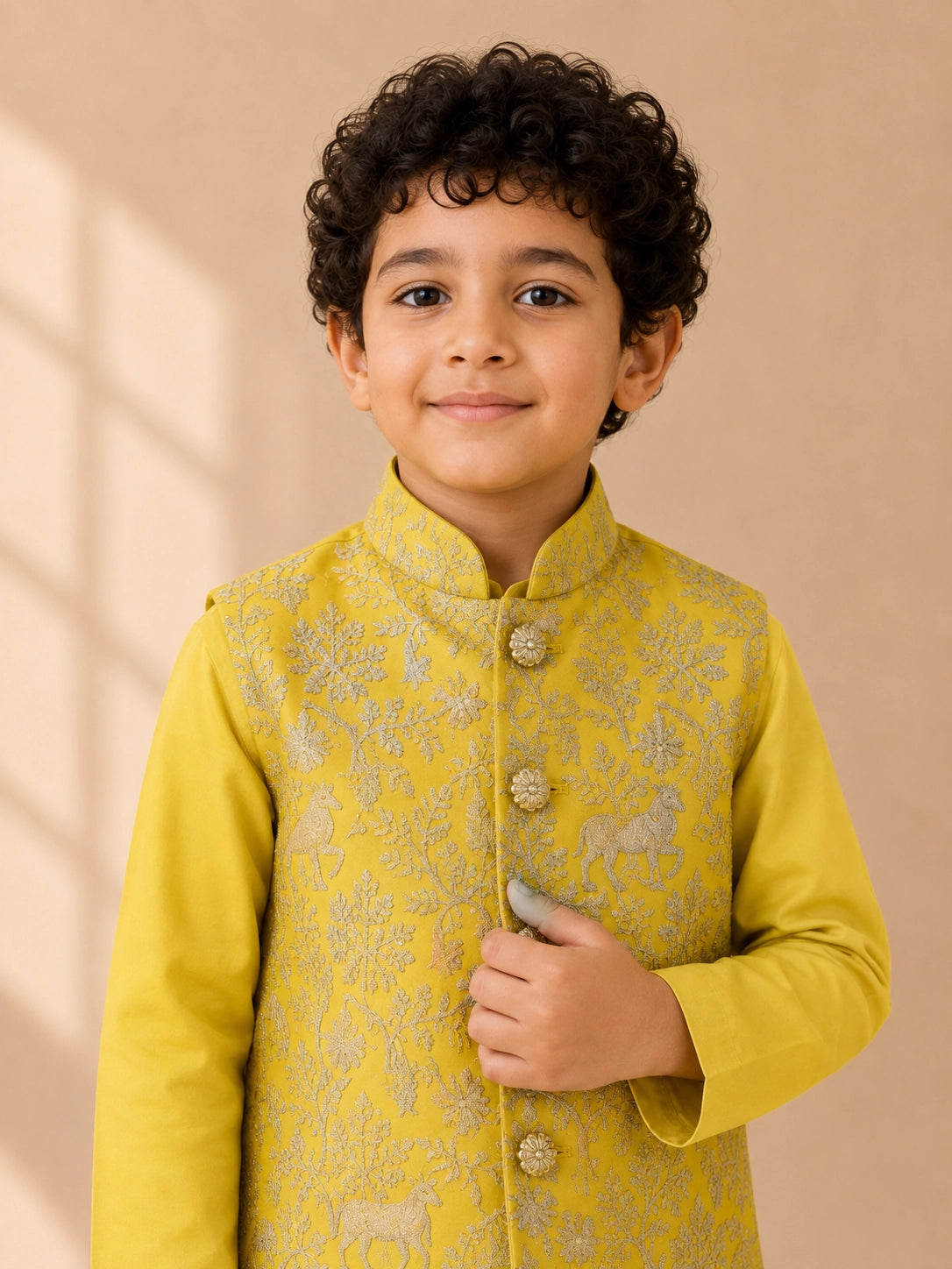 Young boy wearing a bright yellow kurta pajama set with an embroidered waistcoat.