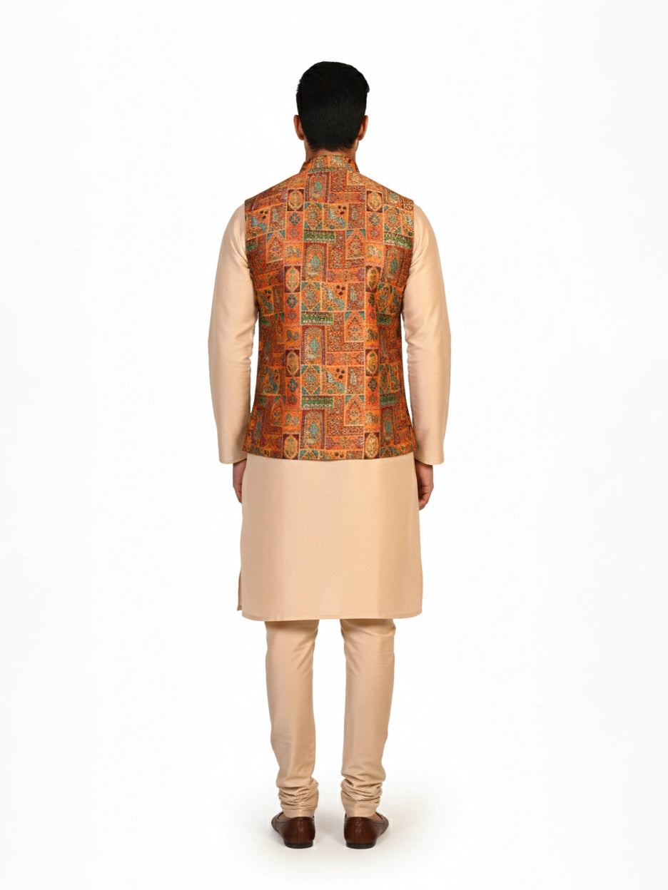 Man wearing a multi-color ethnic Nehru jacket over a cream kurta and pants, suitable for festive occasions.