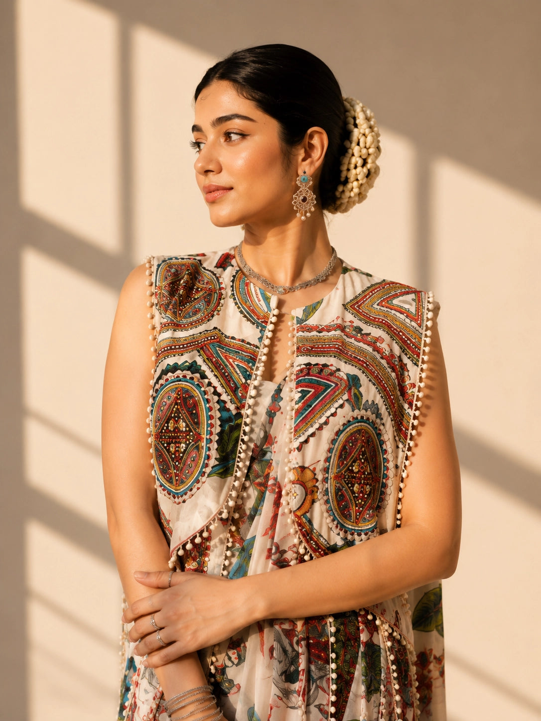 Woman in a cream floral draped saree with a sleeveless, embellished ethnic print jacket.