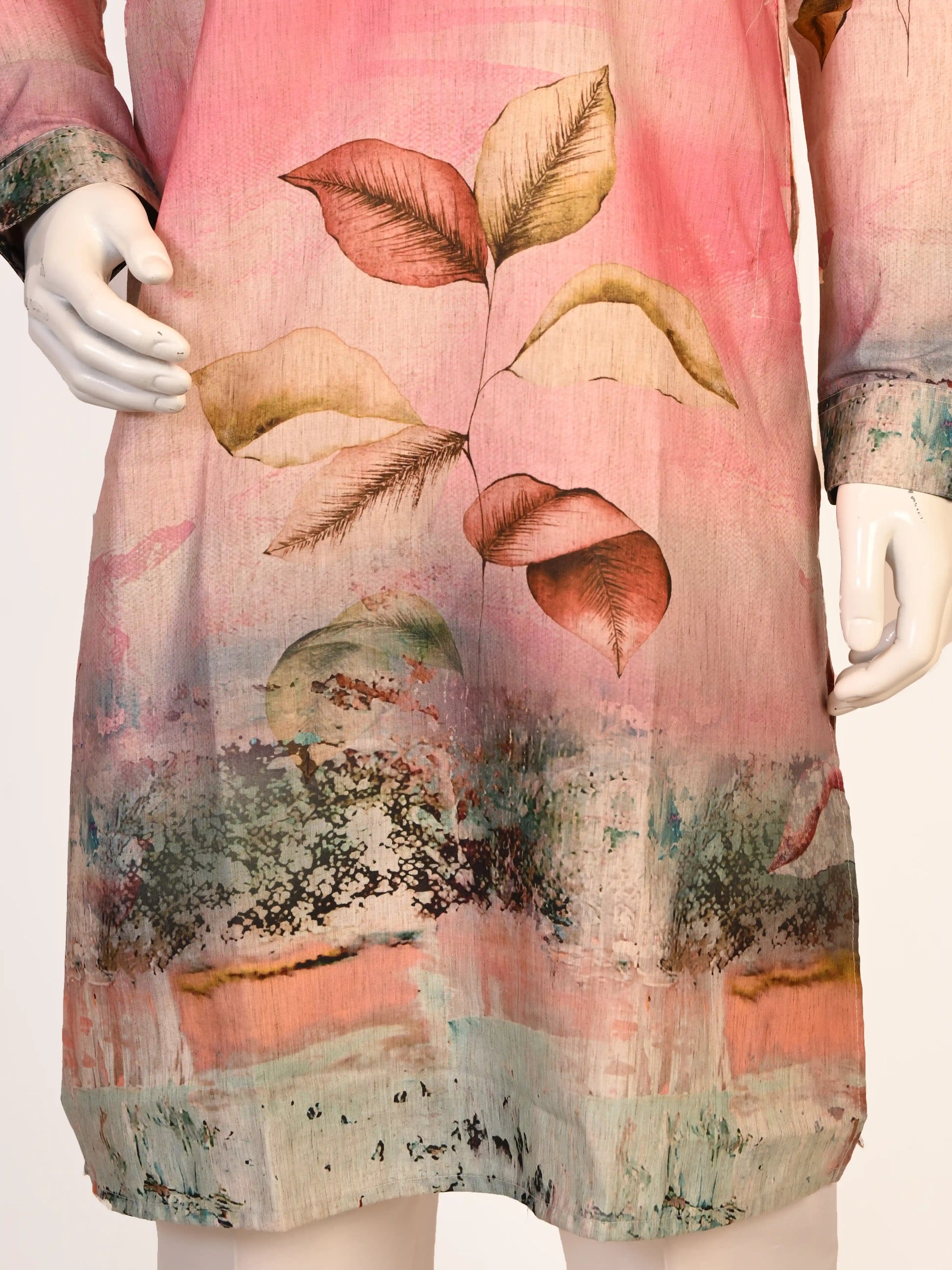 Men's multi-color Kurta Pajama with a floral print, band collar, and long sleeves, paired with cream pants.