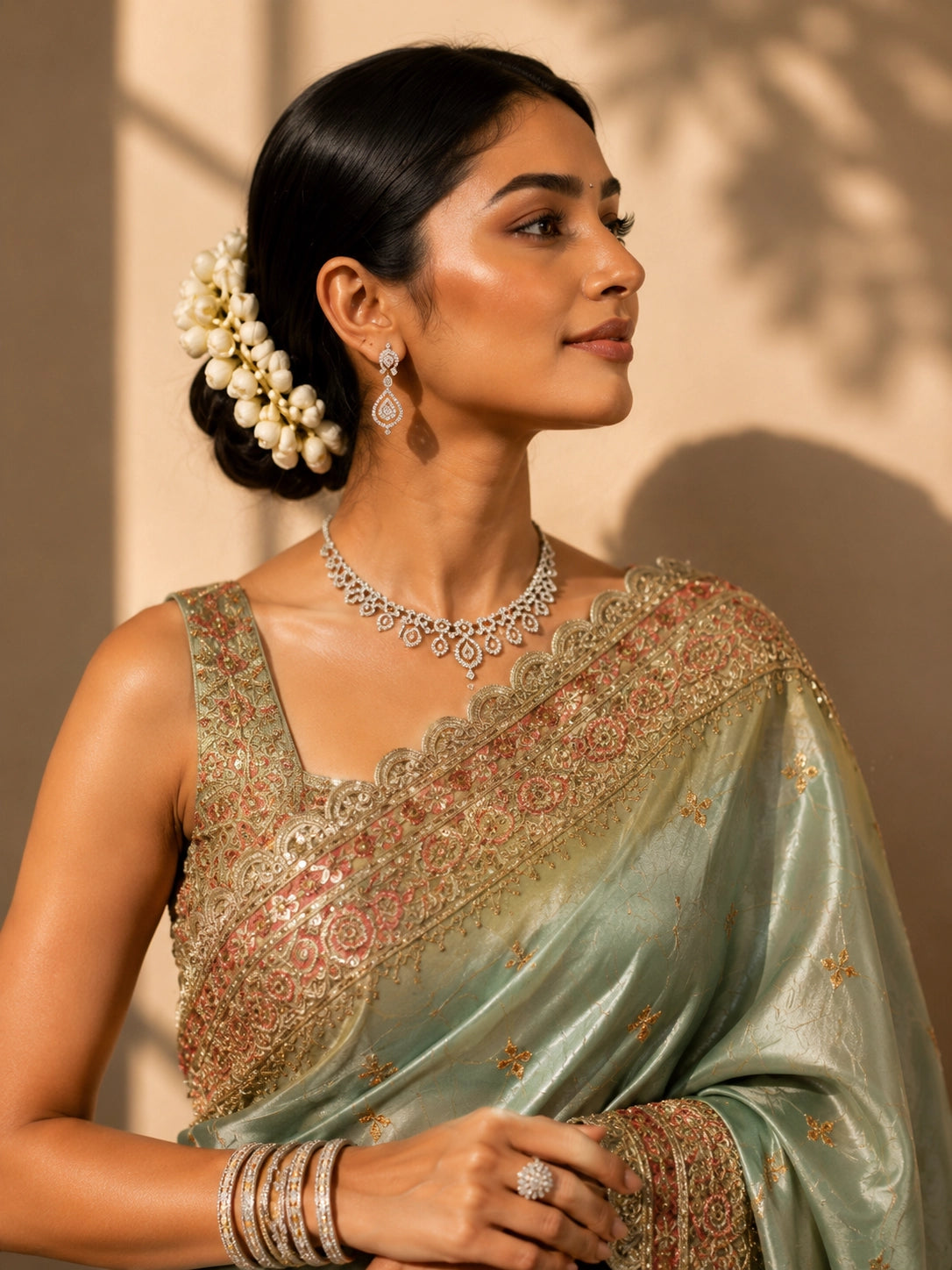 Woman in elegant pista green S3 saree with intricate gold and pink embroidery.