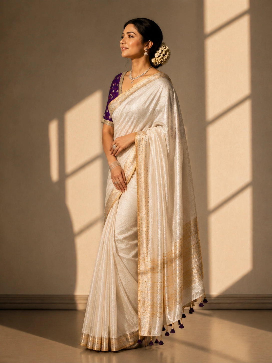 Woman in luxurious cream saree with gold border and embroidered purple blouse.
