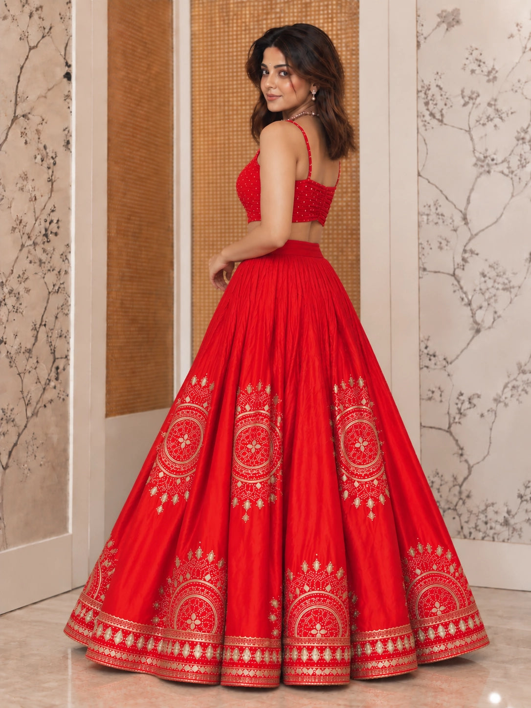 Woman in vibrant red lehenga choli with gold embroidery and matching dupatta.