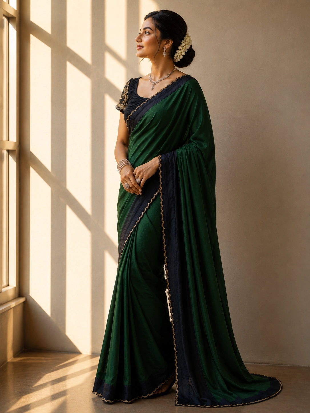 Elegant saree in grey with black scalloped border and gold trim.