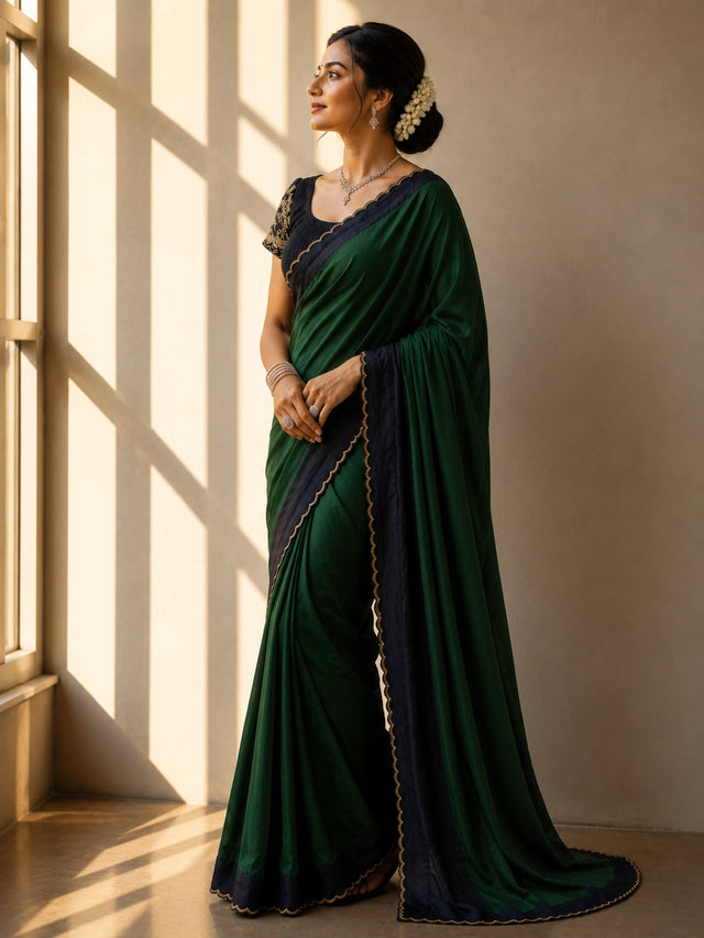 Elegant saree in grey with black scalloped border and gold trim.