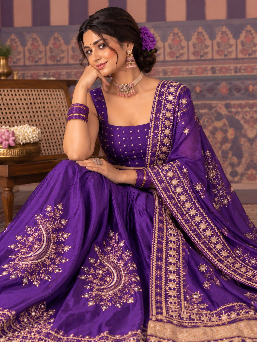 Woman in a vibrant purple embroidered lehenga choli set with gold patterns.